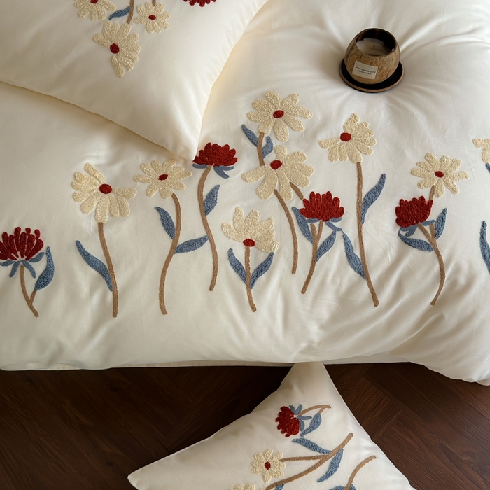 91家纺网 家纺一手货源 找家纺 简纯主义 2025新款全棉纯棉磨毛毛巾绣四件套-塞纳花予 塞纳花予白