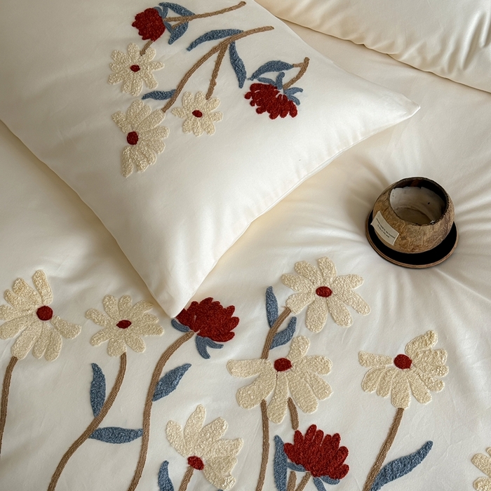 91家纺网 家纺一手货源 找家纺 简纯主义 2025新款全棉纯棉磨毛毛巾绣四件套-塞纳花予 塞纳花予白