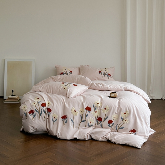 91家纺网 家纺一手货源 找家纺 简纯主义 2025新款全棉纯棉磨毛毛巾绣四件套-塞纳花予 塞纳花予粉