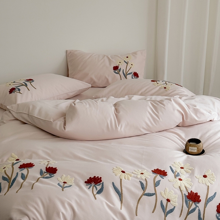 91家纺网 家纺一手货源 找家纺 简纯主义 2025新款全棉纯棉磨毛毛巾绣四件套-塞纳花予 塞纳花予粉