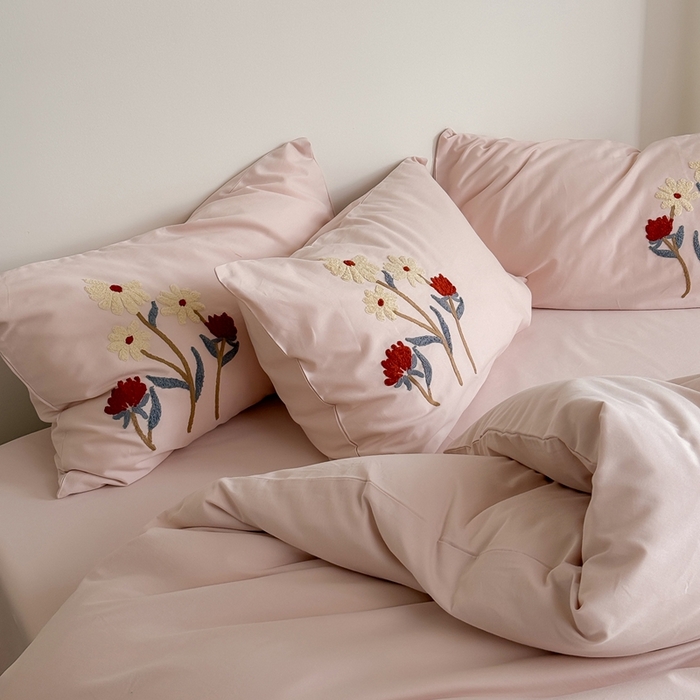 91家纺网 家纺一手货源 找家纺 简纯主义 2025新款全棉纯棉磨毛毛巾绣四件套-塞纳花予 塞纳花予粉