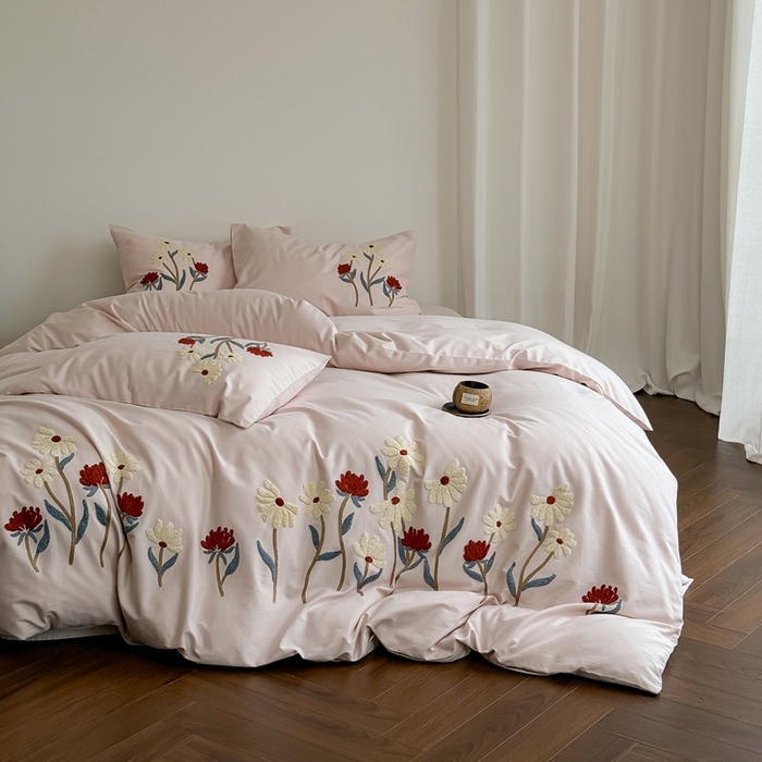 91家纺网 家纺一手货源 找家纺 简纯主义 2025新款全棉纯棉磨毛毛巾绣四件套-塞纳花予 塞纳花予粉