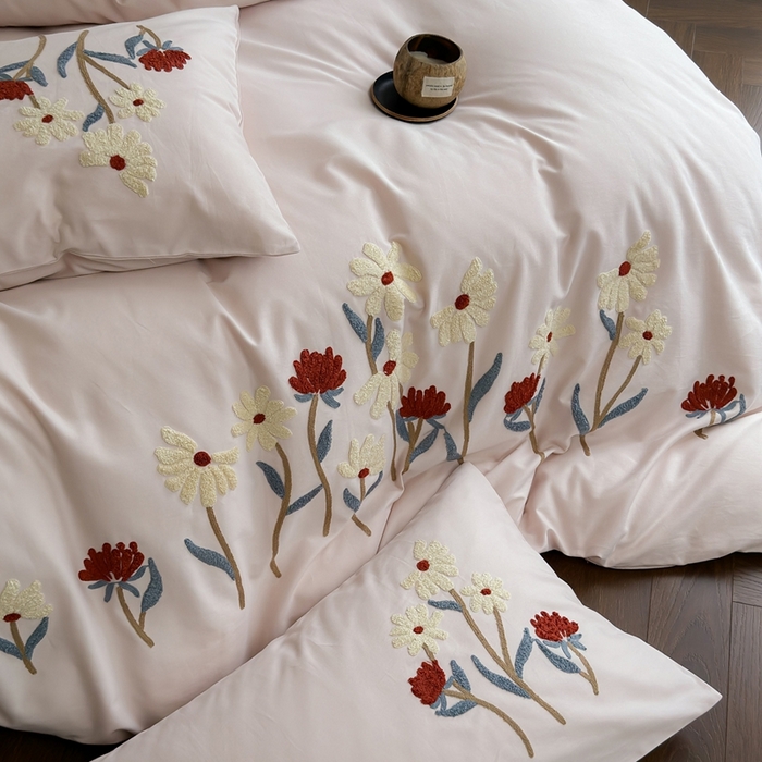 91家纺网 家纺一手货源 找家纺 简纯主义 2025新款全棉纯棉磨毛毛巾绣四件套-塞纳花予 塞纳花予粉