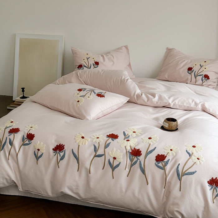 91家纺网 家纺一手货源 找家纺 简纯主义 2025新款全棉纯棉磨毛毛巾绣四件套-塞纳花予 塞纳花予粉