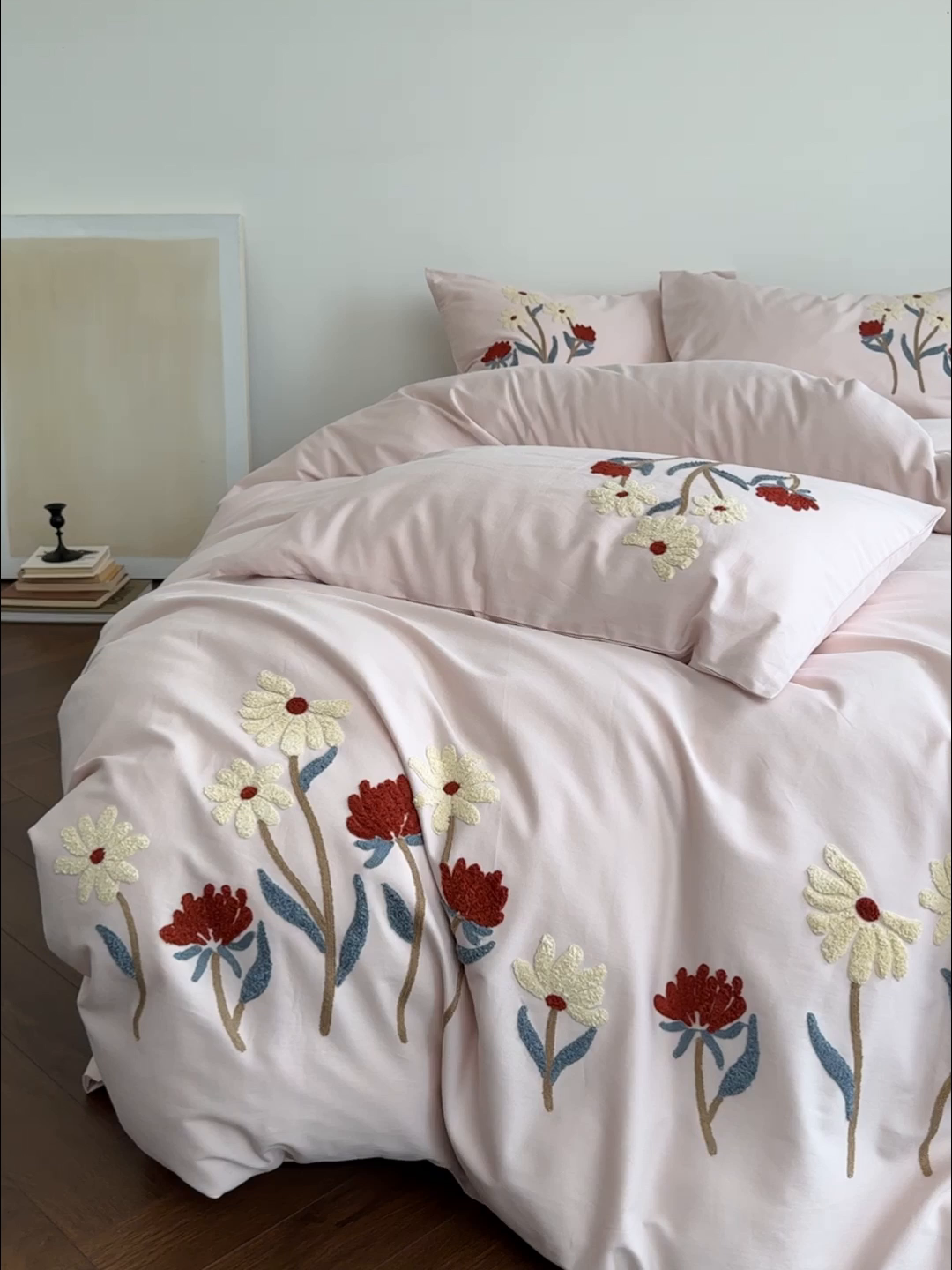 91家纺网 家纺一手货源 找家纺 简纯主义 2025新款全棉纯棉磨毛毛巾绣四件套-塞纳花予 塞纳花予粉