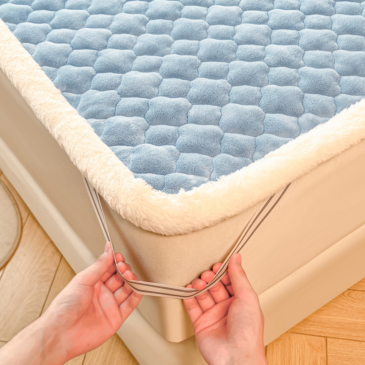 91家纺网 家纺一手货源 找家纺 喜居-2025新款纯色牛奶绒床褥垫床垫 海盐蓝