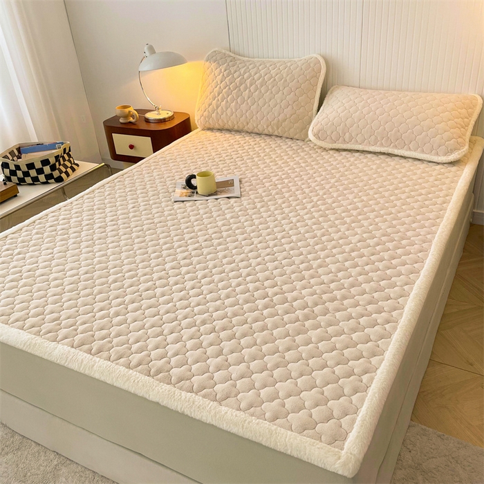 91家纺网 家纺一手货源 找家纺 喜居-2025新款素色牛奶绒床褥床垫-场景二 奶咖