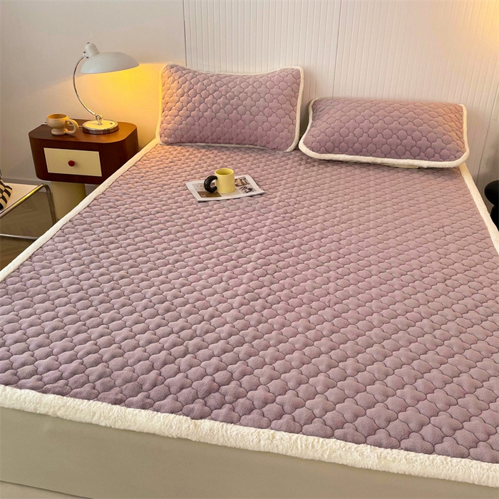 91家纺网 家纺一手货源 找家纺 喜居-2025新款素色牛奶绒床褥床垫-场景二 优雅紫