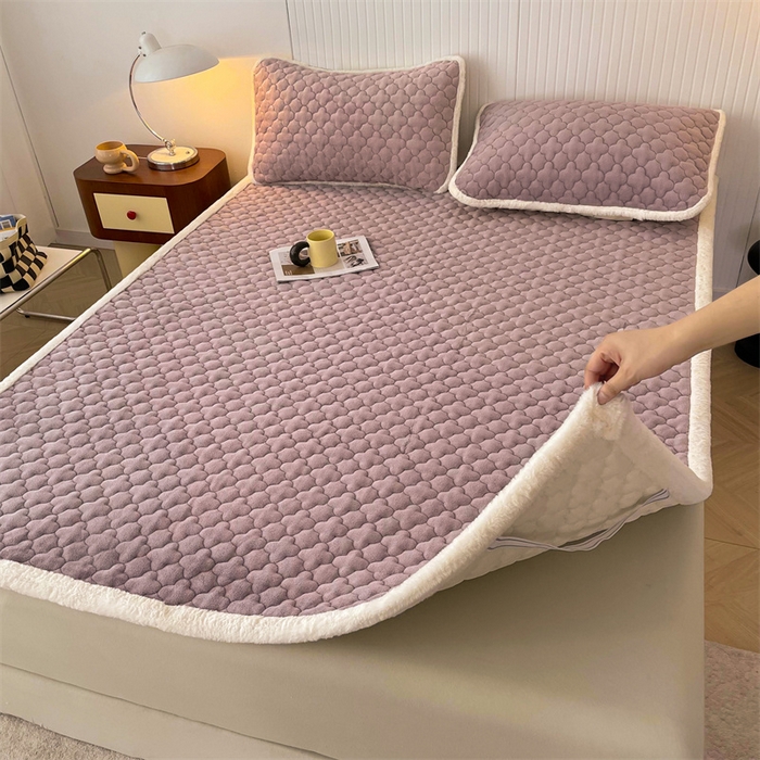 91家纺网 家纺一手货源 找家纺 喜居-2025新款素色牛奶绒床褥床垫-场景二 优雅紫