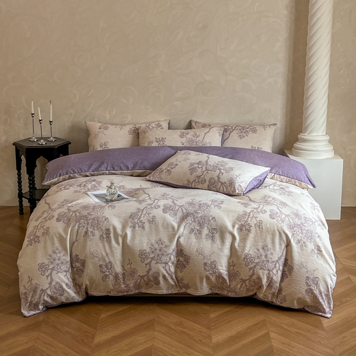 91家纺网 家纺一手货源 找家纺 艺玲家纺 2025新款加厚高克重原麻复古风亚麻印花四件套 繁华入梦