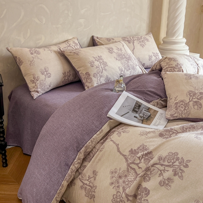 91家纺网 家纺一手货源 找家纺 艺玲家纺 2025新款加厚高克重原麻复古风亚麻印花四件套 繁华入梦