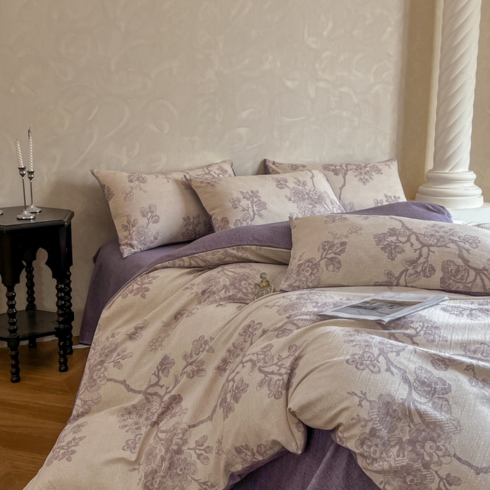 91家纺网 家纺一手货源 找家纺 艺玲家纺 2025新款加厚高克重原麻复古风亚麻印花四件套 繁华入梦