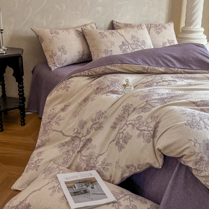 91家纺网 家纺一手货源 找家纺 艺玲家纺 2025新款加厚高克重原麻复古风亚麻印花四件套 繁华入梦