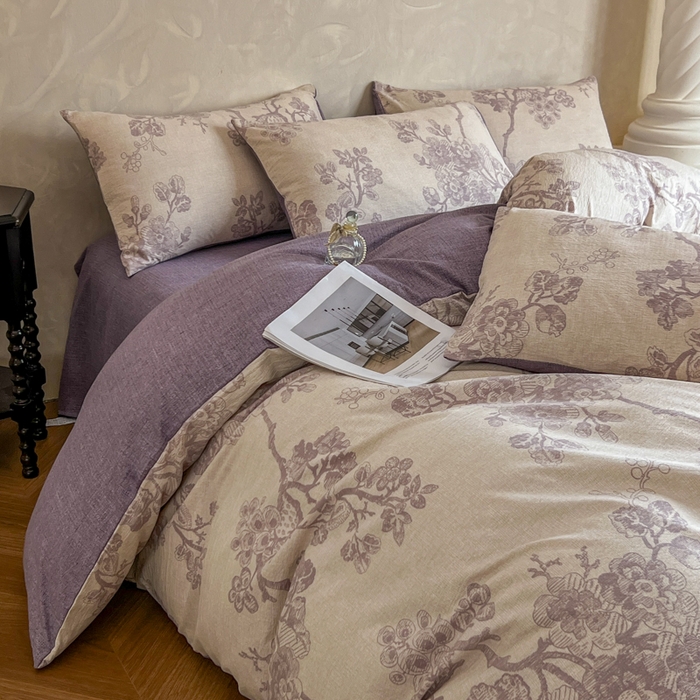 91家纺网 家纺一手货源 找家纺 艺玲家纺 2025新款加厚高克重原麻复古风亚麻印花四件套 繁华入梦