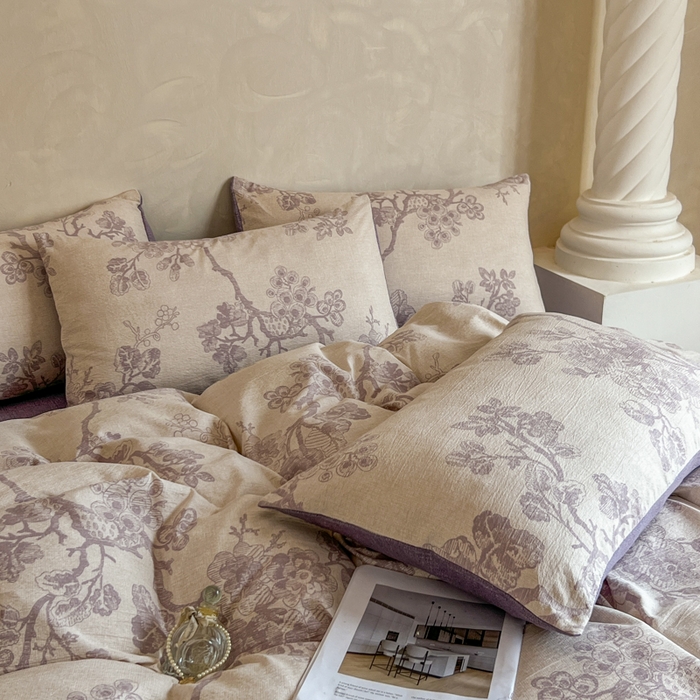 91家纺网 家纺一手货源 找家纺 艺玲家纺 2025新款加厚高克重原麻复古风亚麻印花四件套 繁华入梦