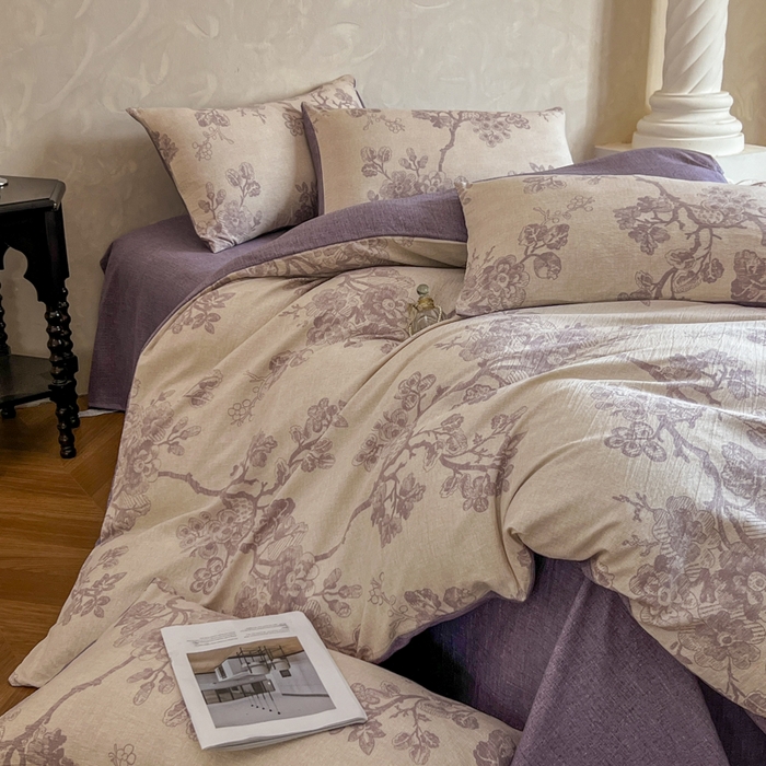 91家纺网 家纺一手货源 找家纺 艺玲家纺 2025新款加厚高克重原麻复古风亚麻印花四件套 繁华入梦