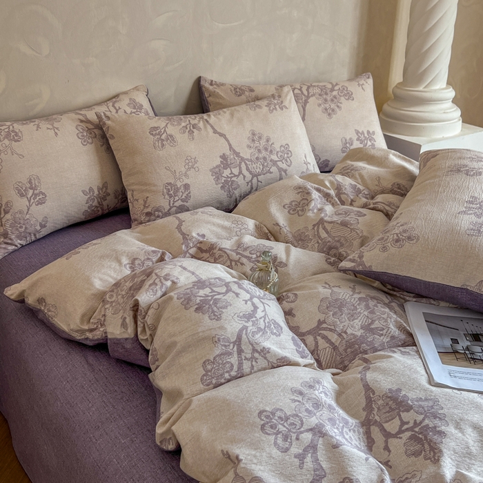 91家纺网 家纺一手货源 找家纺 艺玲家纺 2025新款加厚高克重原麻复古风亚麻印花四件套 繁华入梦