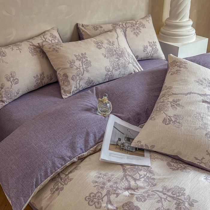 91家纺网 家纺一手货源 找家纺 艺玲家纺 2025新款加厚高克重原麻复古风亚麻印花四件套 繁华入梦