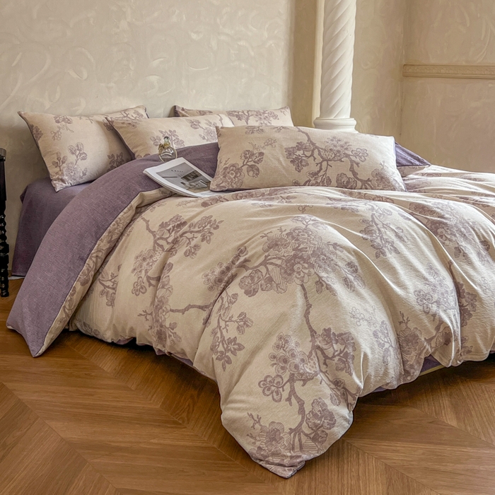 91家纺网 家纺一手货源 找家纺 艺玲家纺 2025新款加厚高克重原麻复古风亚麻印花四件套 繁华入梦