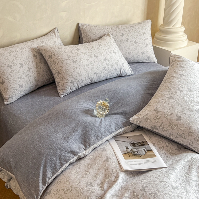 91家纺网 家纺一手货源 找家纺 艺玲家纺 2025新款加厚高克重原麻复古风亚麻印花四件套 蝶影