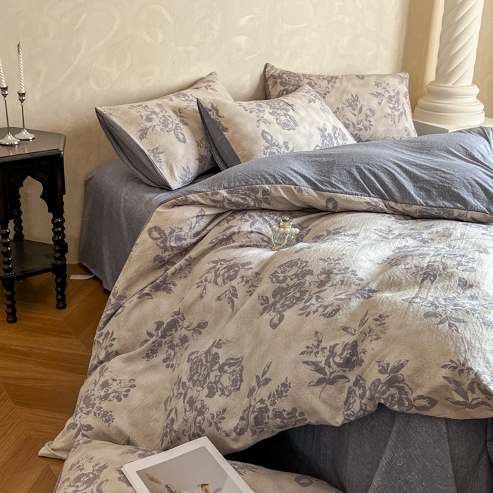 91家纺网 家纺一手货源 找家纺 艺玲家纺 2025新款加厚高克重原麻复古风亚麻印花四件套 花田里