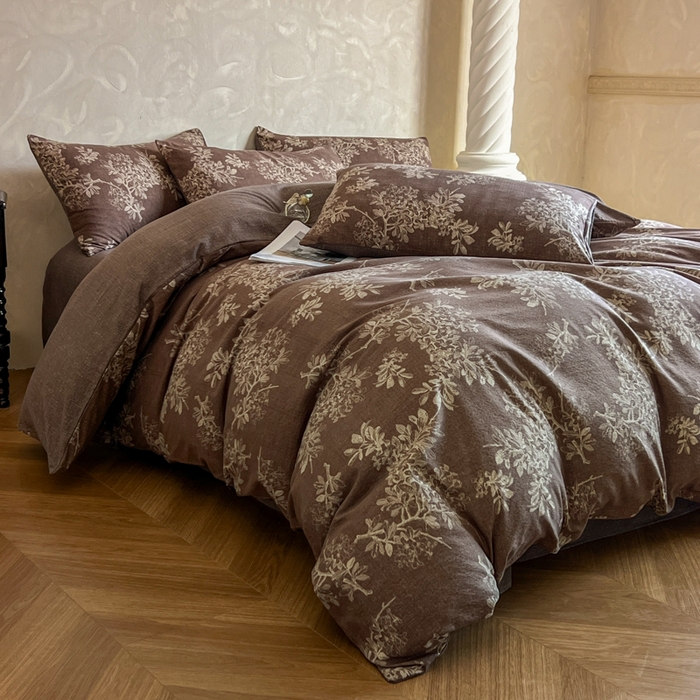 91家纺网 家纺一手货源 找家纺 艺玲家纺 2025新款加厚高克重原麻复古风亚麻印花四件套 锦瑟