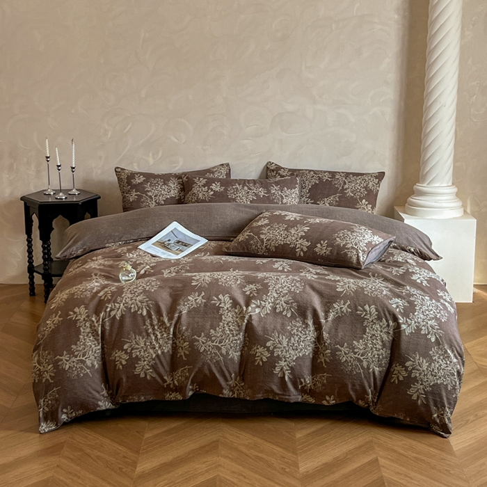 91家纺网 家纺一手货源 找家纺 艺玲家纺 2025新款加厚高克重原麻复古风亚麻印花四件套 锦瑟