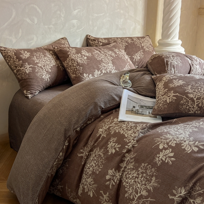 91家纺网 家纺一手货源 找家纺 艺玲家纺 2025新款加厚高克重原麻复古风亚麻印花四件套 锦瑟