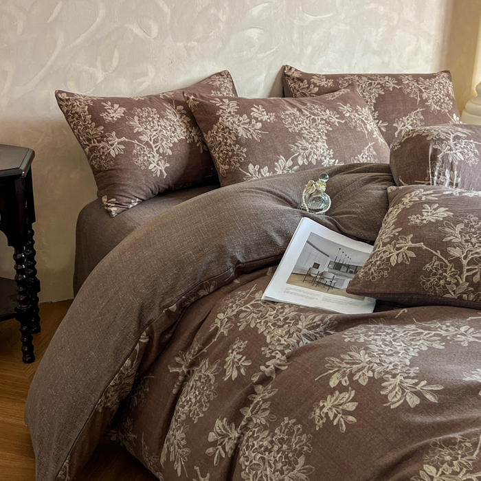 91家纺网 家纺一手货源 找家纺 艺玲家纺 2025新款加厚高克重原麻复古风亚麻印花四件套 锦瑟