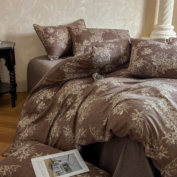 91家纺网 家纺一手货源 找家纺 艺玲家纺 2025新款加厚高克重原麻复古风亚麻印花四件套 锦瑟