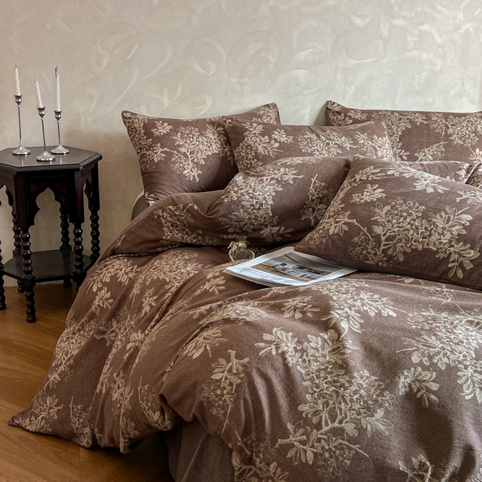 91家纺网 家纺一手货源 找家纺 艺玲家纺 2025新款加厚高克重原麻复古风亚麻印花四件套 锦瑟