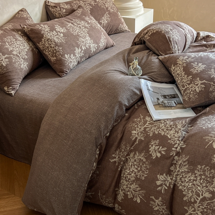 91家纺网 家纺一手货源 找家纺 艺玲家纺 2025新款加厚高克重原麻复古风亚麻印花四件套 锦瑟