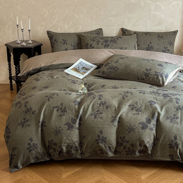 艺玲家纺 2025新款加厚高克重原麻复古风亚麻印花四件套 迷迭绿