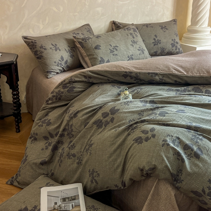 91家纺网 家纺一手货源 找家纺 艺玲家纺 2025新款加厚高克重原麻复古风亚麻印花四件套 迷迭绿