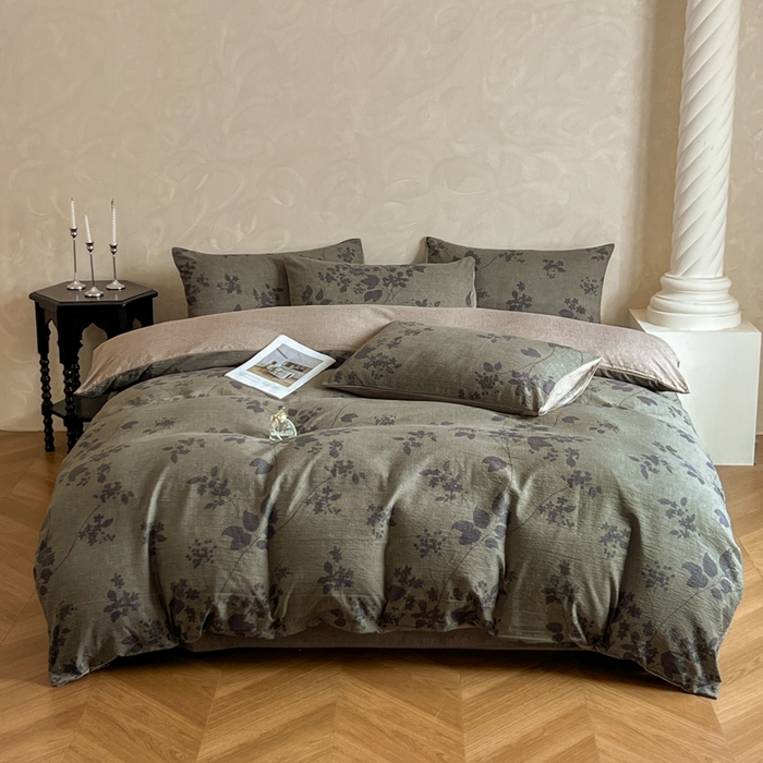 91家纺网 家纺一手货源 找家纺 艺玲家纺 2025新款加厚高克重原麻复古风亚麻印花四件套 迷迭绿