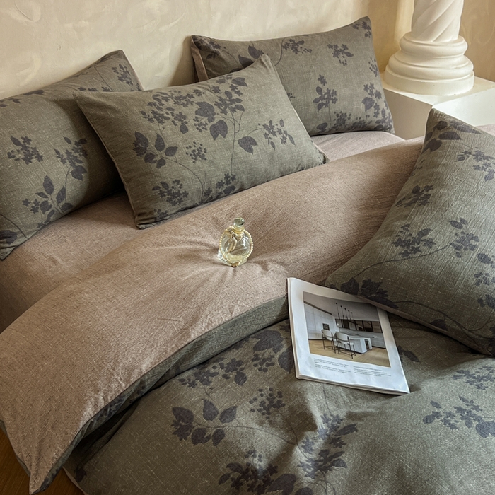 91家纺网 家纺一手货源 找家纺 艺玲家纺 2025新款加厚高克重原麻复古风亚麻印花四件套 迷迭绿