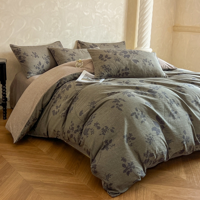 91家纺网 家纺一手货源 找家纺 艺玲家纺 2025新款加厚高克重原麻复古风亚麻印花四件套 迷迭绿