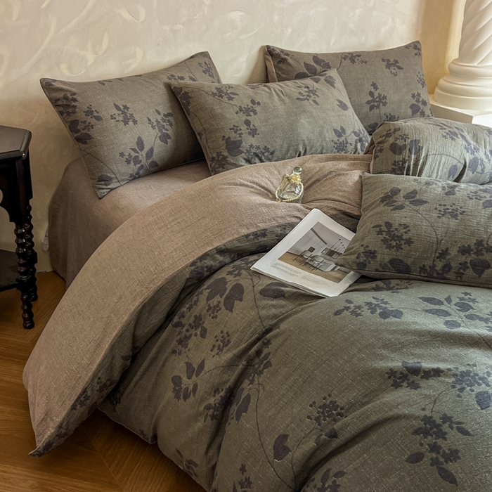 91家纺网 家纺一手货源 找家纺 艺玲家纺 2025新款加厚高克重原麻复古风亚麻印花四件套 迷迭绿