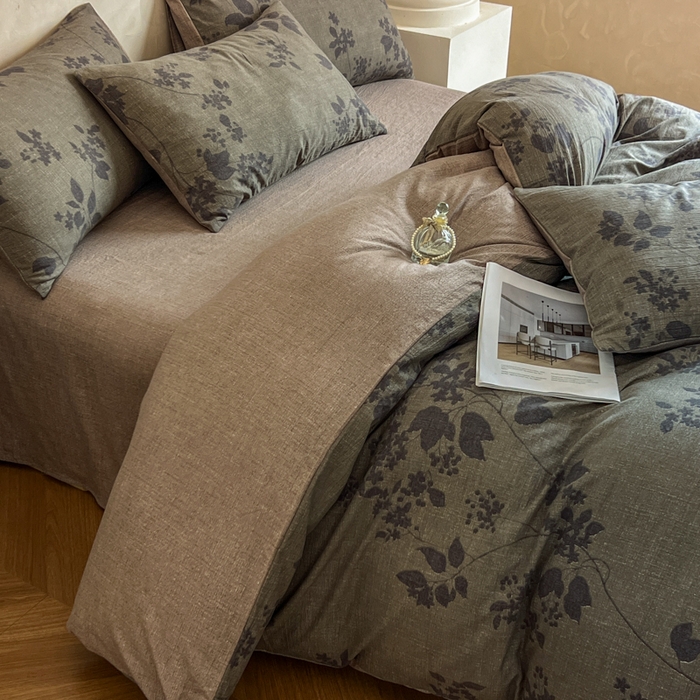 91家纺网 家纺一手货源 找家纺 艺玲家纺 2025新款加厚高克重原麻复古风亚麻印花四件套 迷迭绿