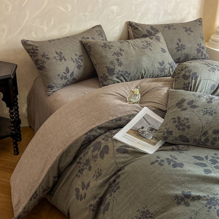 91家纺网 家纺一手货源 找家纺 艺玲家纺 2025新款加厚高克重原麻复古风亚麻印花四件套 迷迭绿