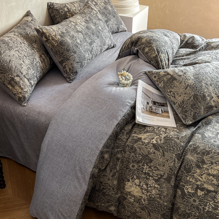 91家纺网 家纺一手货源 找家纺 艺玲家纺 2025新款加厚高克重原麻复古风亚麻印花四件套 摩卡