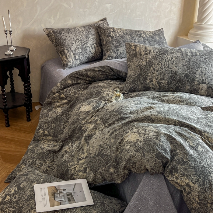 91家纺网 家纺一手货源 找家纺 艺玲家纺 2025新款加厚高克重原麻复古风亚麻印花四件套 摩卡