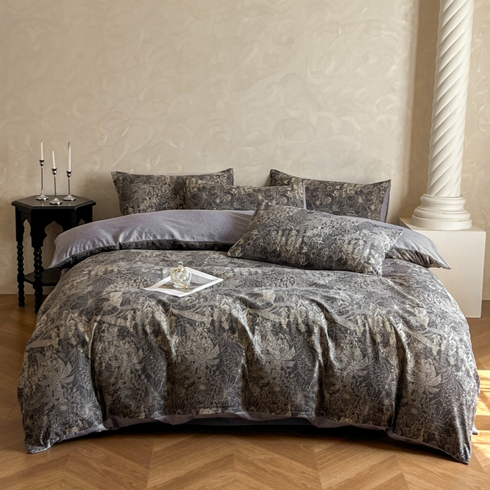 91家纺网 家纺一手货源 找家纺 艺玲家纺 2025新款加厚高克重原麻复古风亚麻印花四件套 摩卡