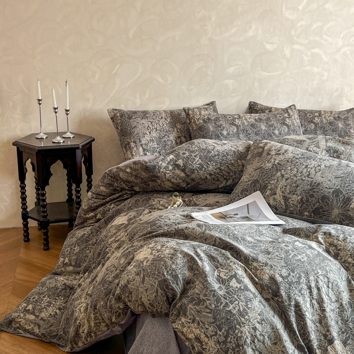 91家纺网 家纺一手货源 找家纺 艺玲家纺 2025新款加厚高克重原麻复古风亚麻印花四件套 摩卡