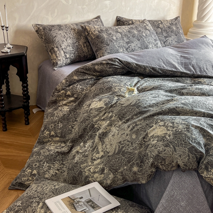 91家纺网 家纺一手货源 找家纺 艺玲家纺 2025新款加厚高克重原麻复古风亚麻印花四件套 摩卡