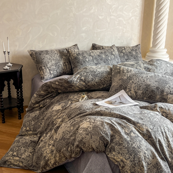 91家纺网 家纺一手货源 找家纺 艺玲家纺 2025新款加厚高克重原麻复古风亚麻印花四件套 摩卡