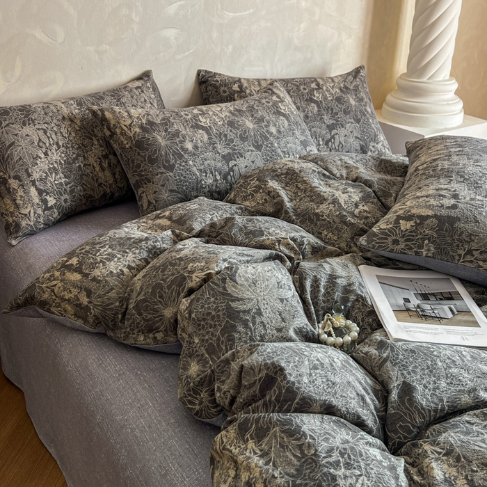 91家纺网 家纺一手货源 找家纺 艺玲家纺 2025新款加厚高克重原麻复古风亚麻印花四件套 摩卡