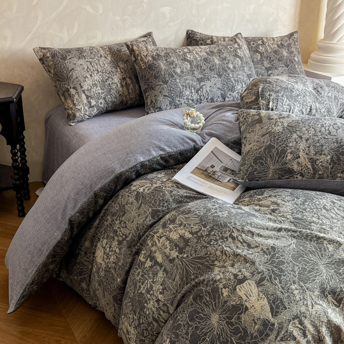 91家纺网 家纺一手货源 找家纺 艺玲家纺 2025新款加厚高克重原麻复古风亚麻印花四件套 摩卡