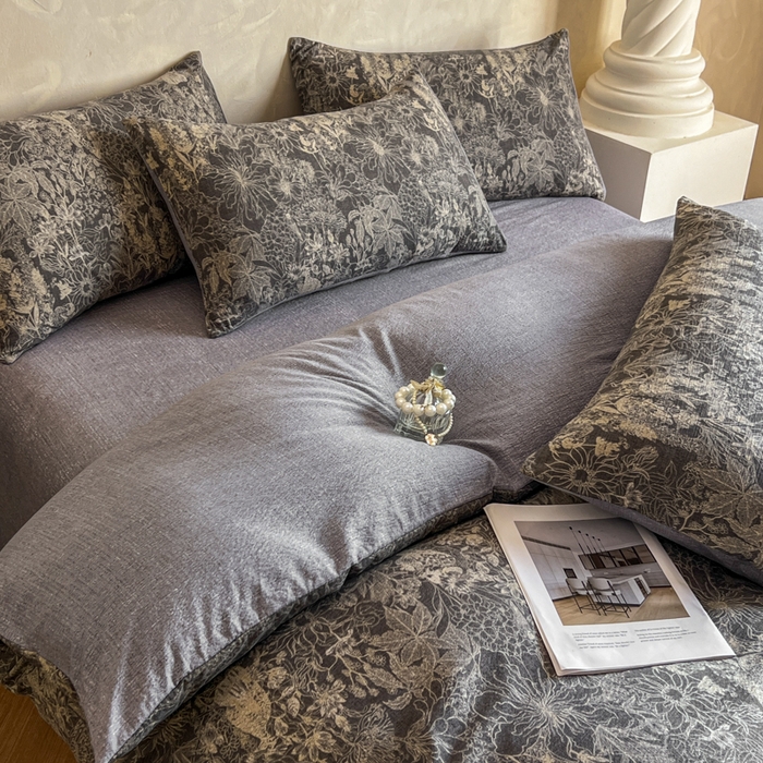 91家纺网 家纺一手货源 找家纺 艺玲家纺 2025新款加厚高克重原麻复古风亚麻印花四件套 摩卡