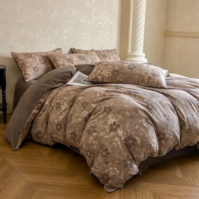 91家纺网 家纺一手货源 找家纺 艺玲家纺 2025新款加厚高克重原麻复古风亚麻印花四件套 墨染